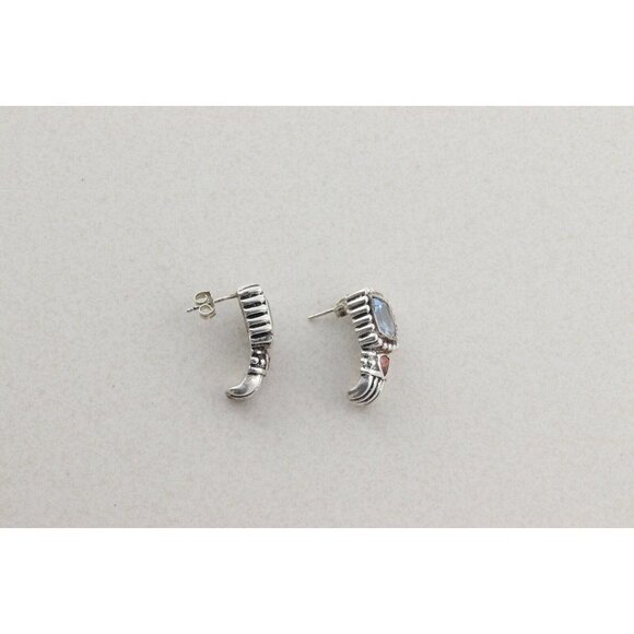 Sterling Silver Blue Glass with Red CZ J Hoop Earrings - Picture 7 of 8